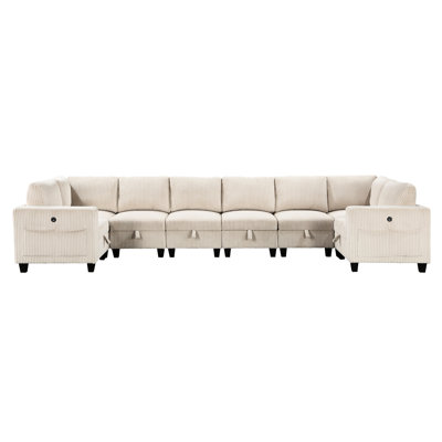 8 canapé modulaire avec sièges de rangement, poches latérales, ports de chargement dans le rangement modulaire en velours côtelé beige