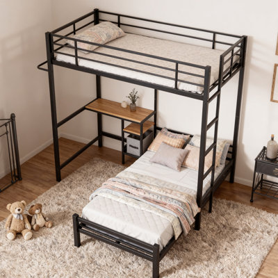Lit superposé en métal avec bureau, tablettes de rangement et échelle
