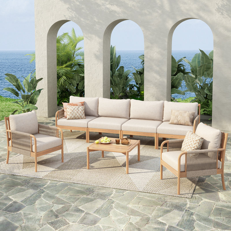 Casper Outdoor Acacia Wood Conversation Set with Coffee Table and Cushions, 6