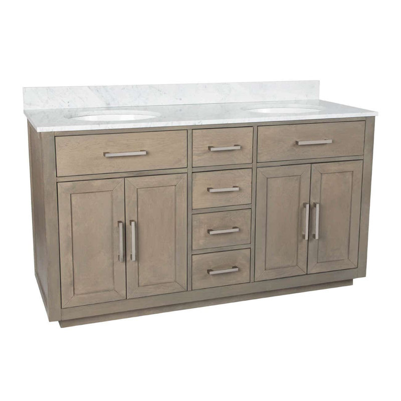 Ensemble de meuble-lavabo double l 60 po x P 22 po x H 34 po, Carrera blanche, Chêne gris