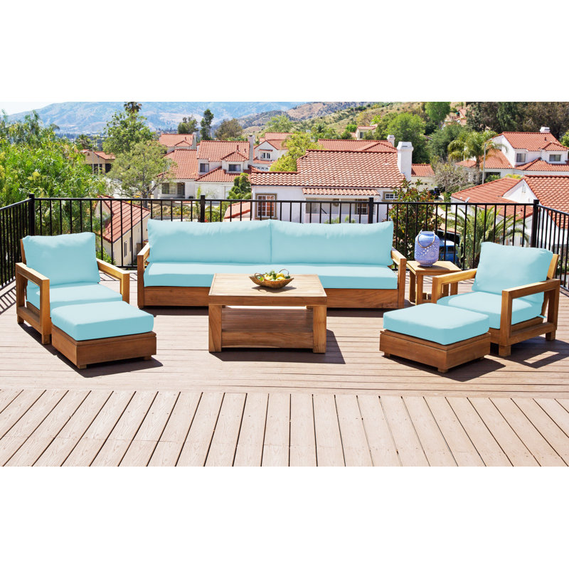Crelake Deluxe 7 Piece Teak Outdoor Seating Group, Mineral Blue