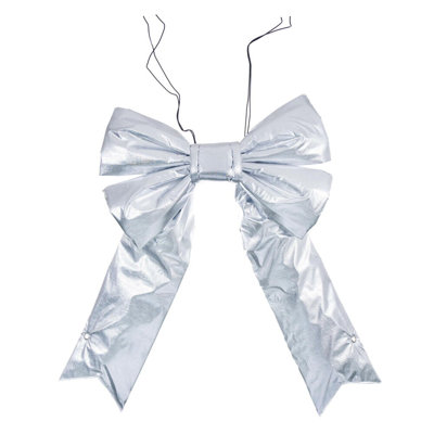  18" x 23" Silver Metallic Outdoor Christmas Bow with UV Treated Material and Wire to Hang.