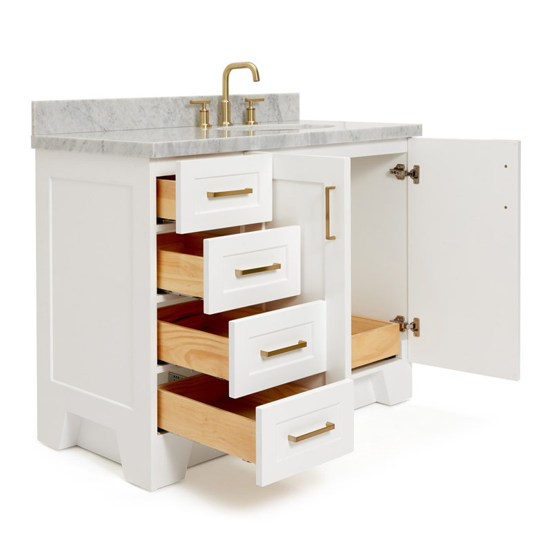 Meuble-lavabo simple en bois massif 43 po Freitas blanc avec plateau en marbre de Carrare 1,5 po, évier gauche, lavabo ovale