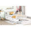 Lit plateforme en bois blanc avec garde-corps latéraux et deux tiroirs de rangement accessibles pleine grandeur de style moderne
