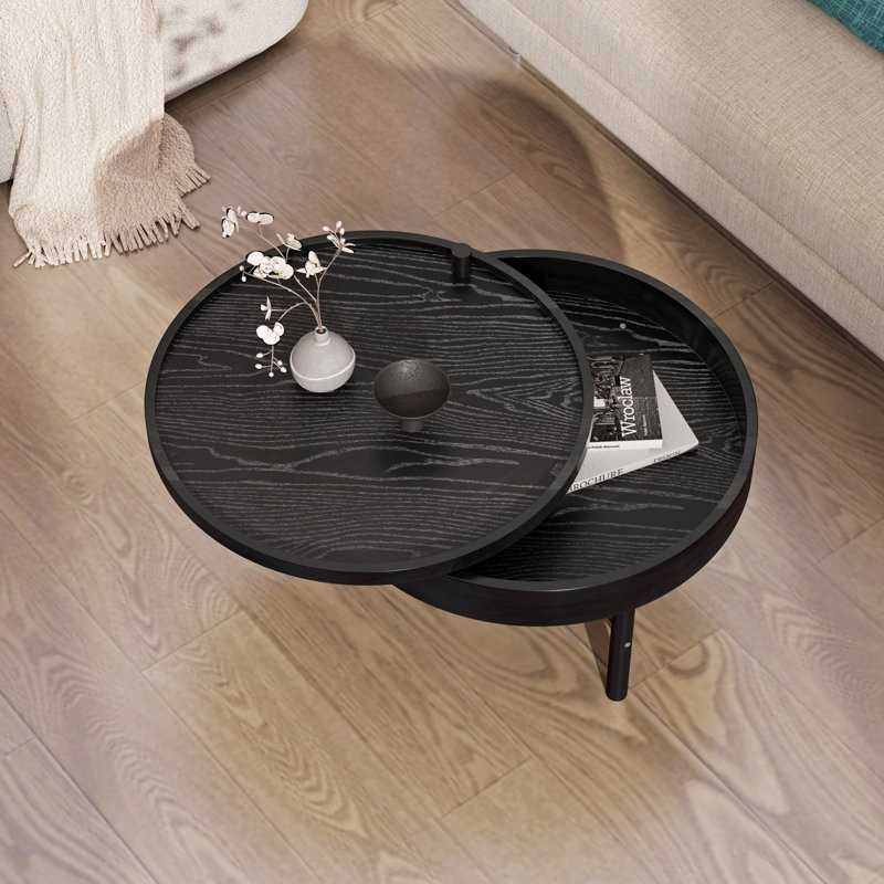 Modern Round Wood Rotating Tray Coffee Table With Storage, Black