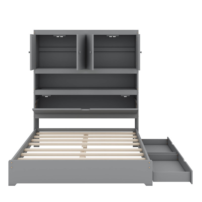 Lit plateforme en bois pleine grandeur, avec ports USB, tête de lit et tiroirs intégrés, gris