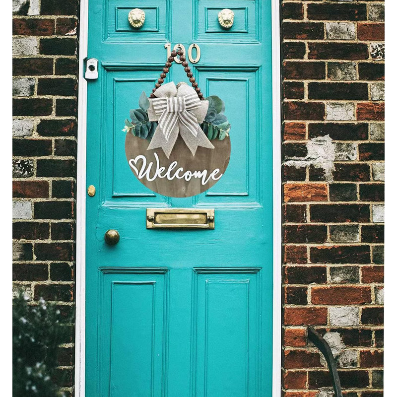 12" x 12" Round Faux Leaves & Rustic Beads | Farmhouse Porch Decor by 3D Wooden Welcome Sign Wall Art