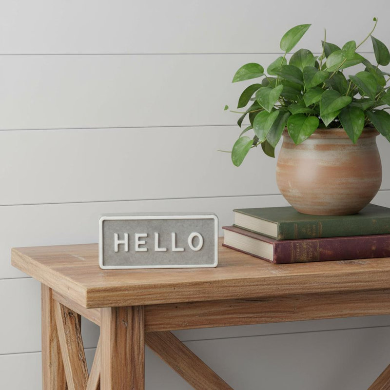 Enseigne de table peinte à la main 4 po en métal galvanisé gris et blanc Hello