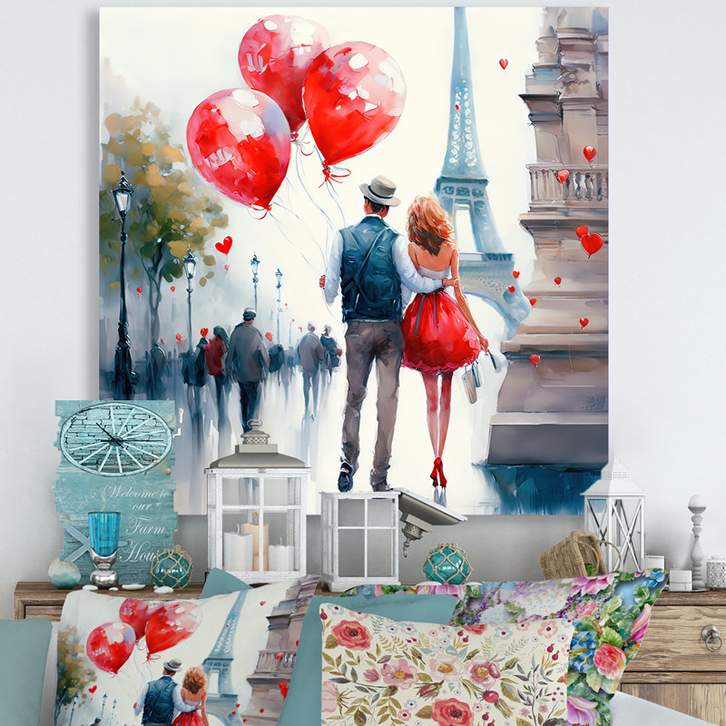 Couples in Love in Paris IV - Peinture sur toile, H 36 po x l 36 po x P 1,5 po, Toile tendue