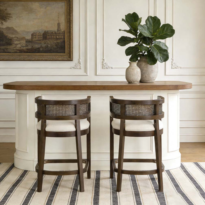 Tabourets de comptoir rembourrés en bois et rotin, Beige, noyer