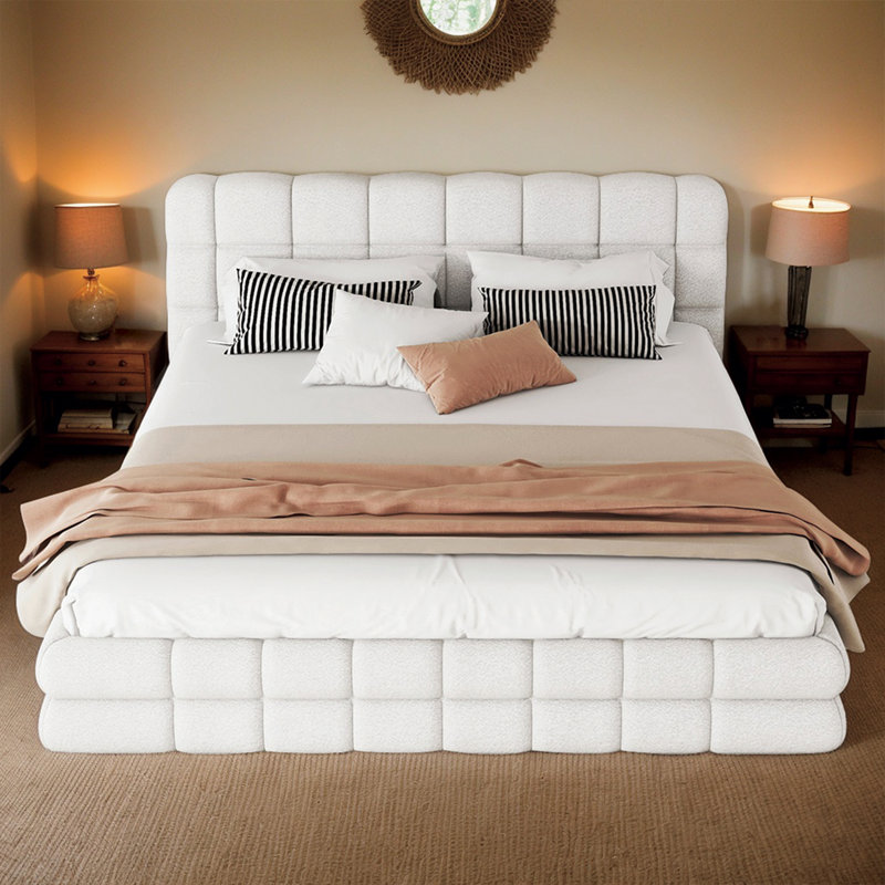 Elegant Upholstered Queen Bed With Foam-Padded Headboard - No Box Spring Needed, White