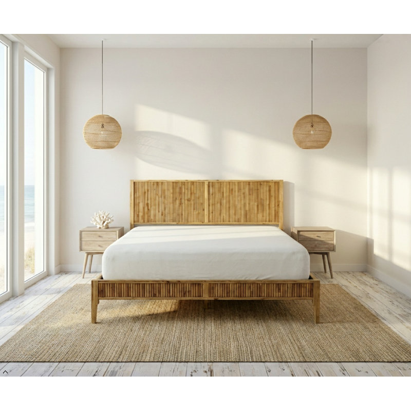  Bosk Acacia Wood Bed Frame with Headboard, Queen Size Fluted Pattern Inspired, Mid-Century Modern Style Platform Bed – FSC Certified, Noise-Free, Easy Assembly, No Box Spring Needed