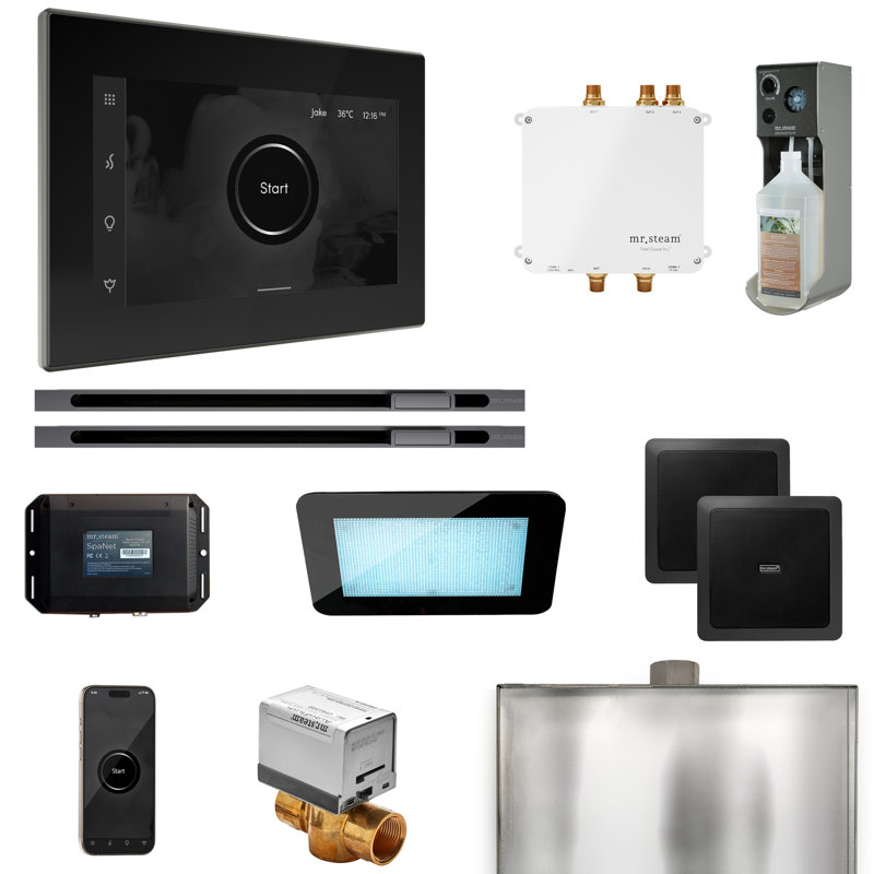 Bliss Max Steam Shower Control Package with iSteamX Control and Linear Steamhead , Black/Satin Steel