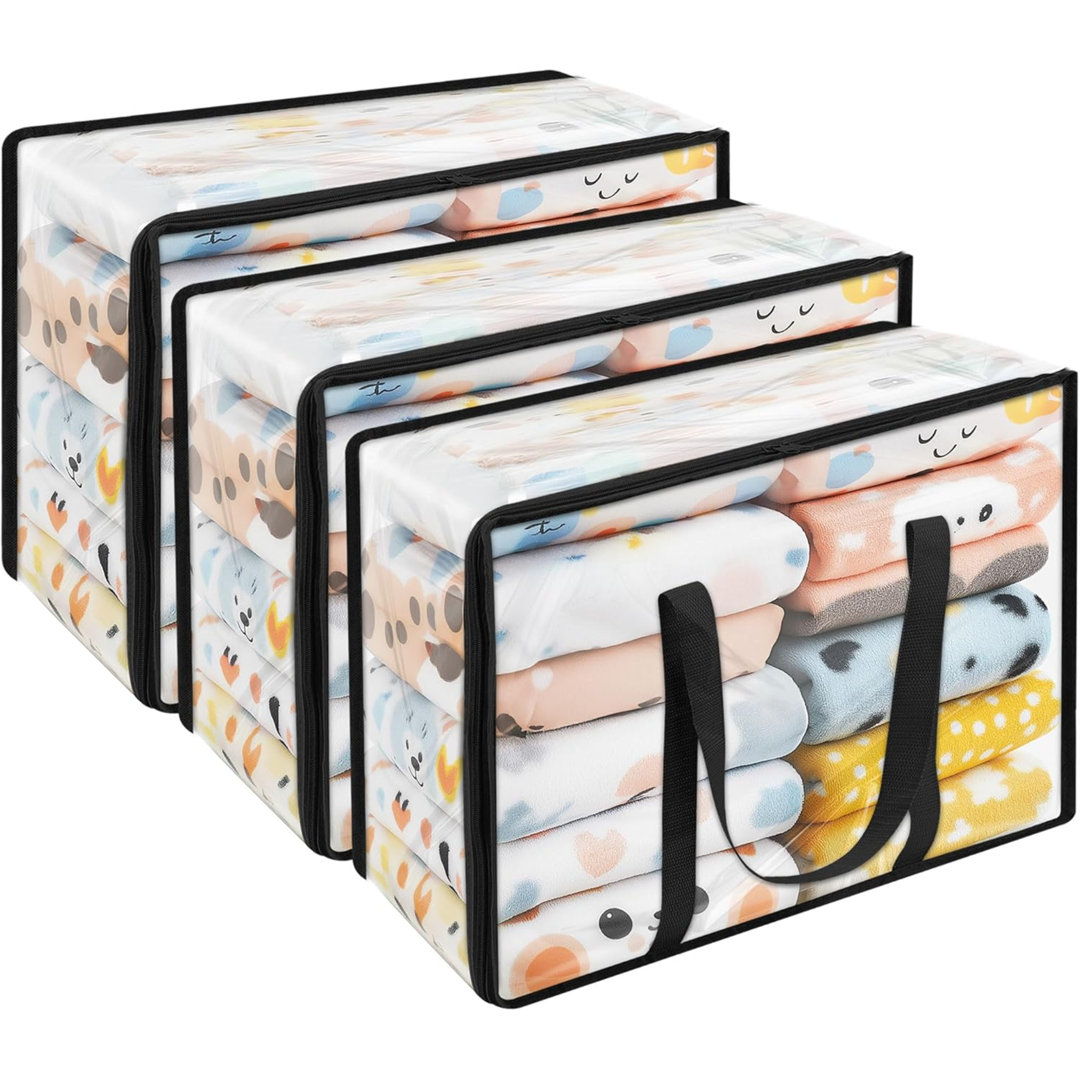 Clear Clothes Storage Bag Organizer With Pink Reinforced Handle, 18.1 X 15 X 9.1 In, Storage Bag For Comforter, Blanket, Bedding, Duvet, Transparent M