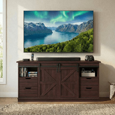 58-Inch Tv Console With Sliding Barn Doors, 4 Drawers, And Media Storage – Fits Tvs Up To 65
