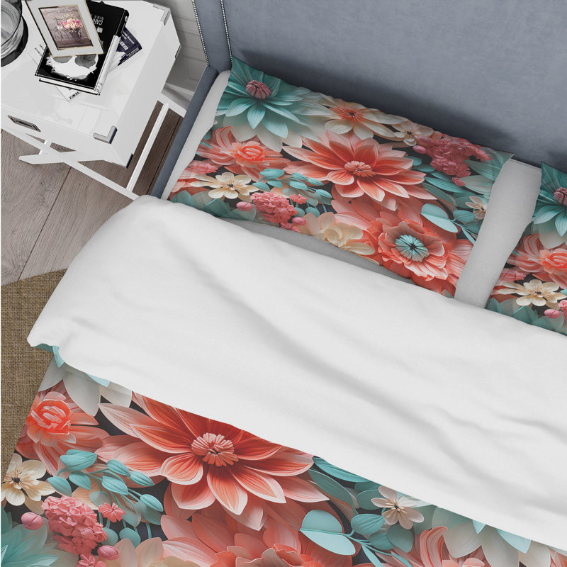 Coral Serenade Tropical Pattern Duvet Cover, Queen Duvet Cover + 2 Standard Shams