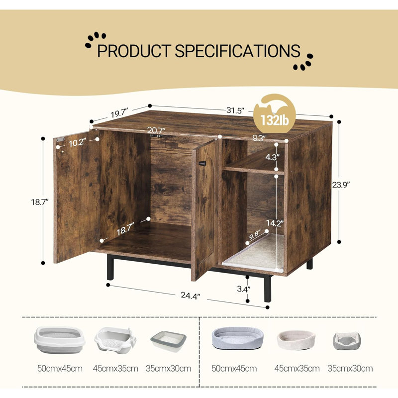 Rustic Brown Wooden Cat Litter Box Enclosure with Metal Frame