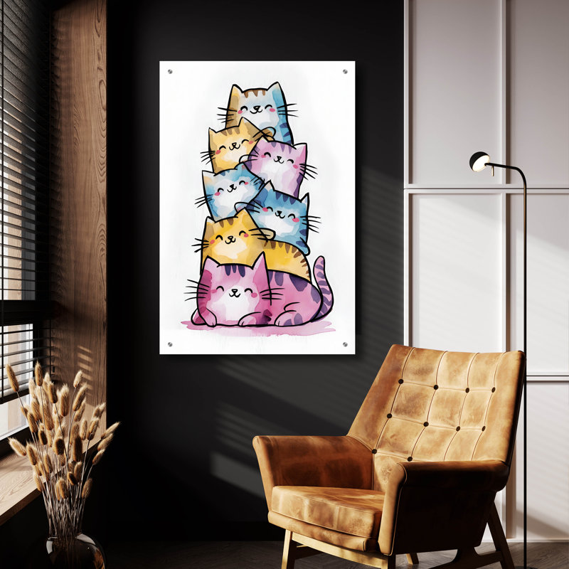 Art mural en verre épique «Happy Cats» par Andreas Magnusson, H 36 po x l 24 po x P 0,2 po