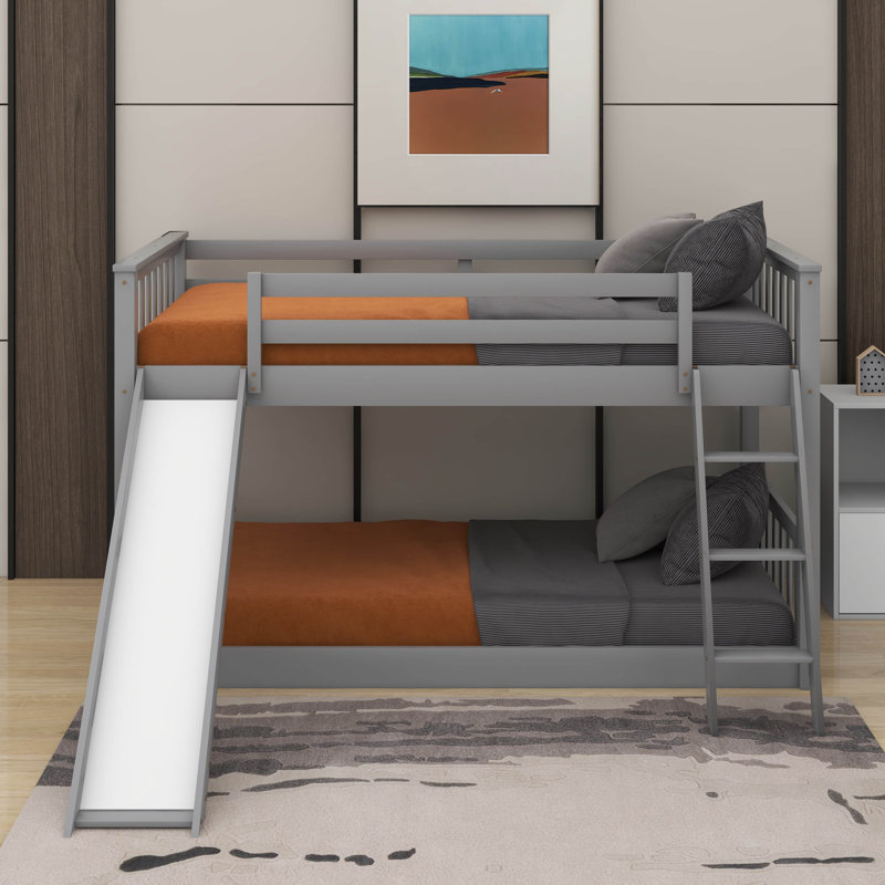 Lit superposé simple au-dessus d'un lit simple avec glissière convertible et échelle, Gris