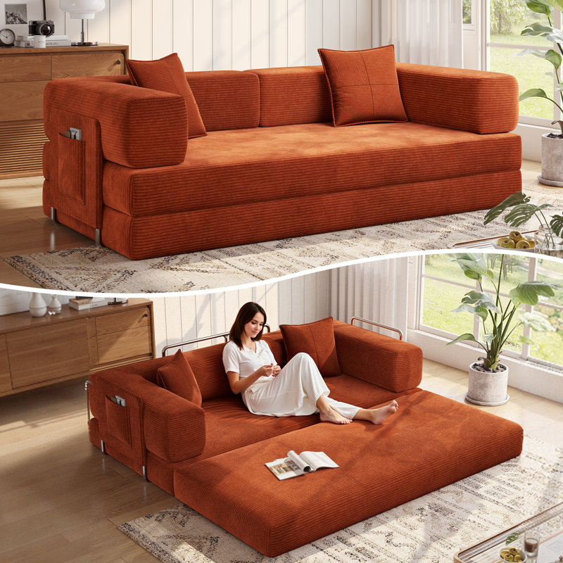 78.8''Sleeper Couch Bed for Livingroom,Convertible Modular Sofa with Armrest Pillow,Modular Foldable Corduroy Couches in a Box,No Assembly