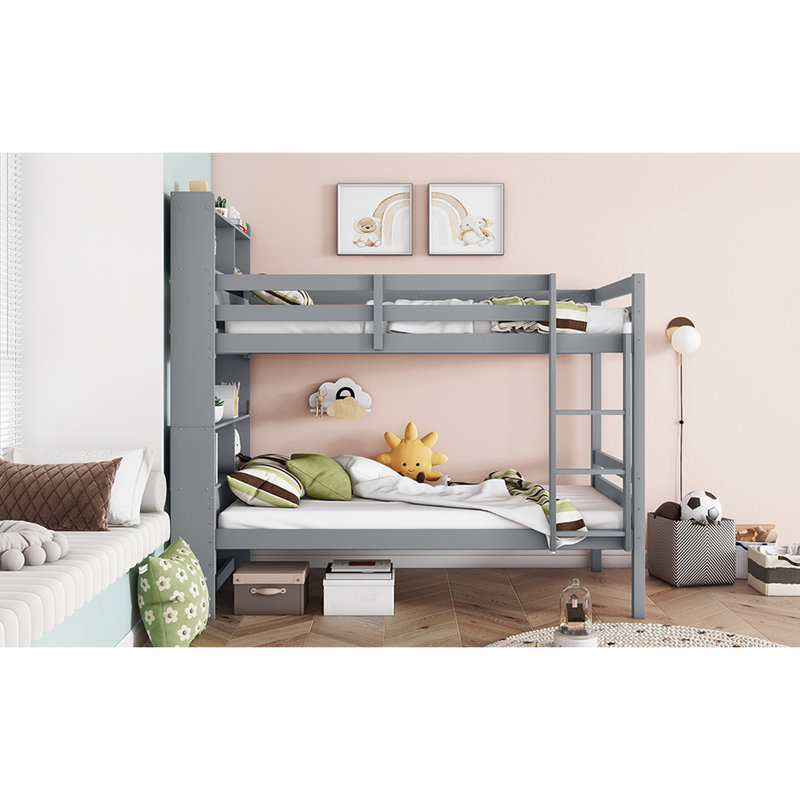 Lit simple superposé avec tablettes, bois d'hévéa gris, garde-corps et lit détachable à 2 lits, structure en bois avec rangement pour tête de lit bibliothèque, lits convertibles et décoratifs