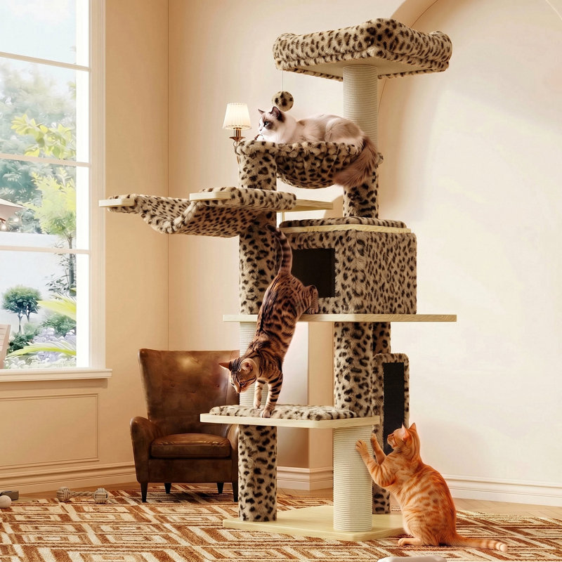 77in Multi-Level Cat Tree, Beige/Leopard, with 4.3in Thick Posts, Leopard Print