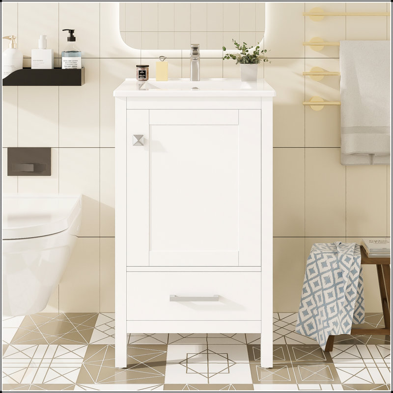 Meuble-lavabo moderne de 20 pouces avec lavabo en céramique, tiroir et porte à fermeture en douceur, organisateur de porte double couche, tiroir de séparation, patins réglables - conception de rangement peu encombrante
