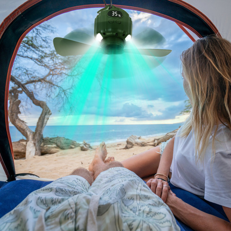Ventilateur de plafond portatif à DEL pour camping - 5200 mAh, ventilateur de tente suspendu avec lanterne et télécommande