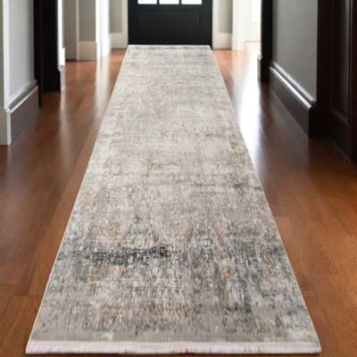 Tapis de couloir gris à médaillon ivoire et brun 3 pi x 10 pi avec frange