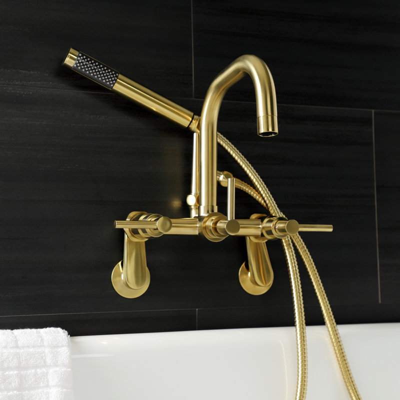 Brushed Brass Wall Mount Clawfoot Tub Faucet with Handheld Shower