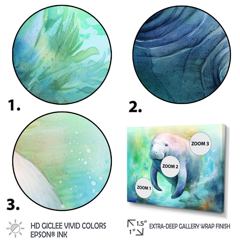Gentle Manatee I - Art mural lamantin, H 12 po x l 20 po x P 1 po, Cadre simple noir