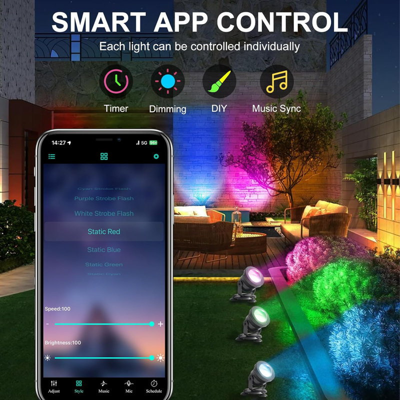 Projecteurs d'extérieur à DEL RVB, éclairage de paysage changeant de couleur de 12 W avec télécommande et application, paquet de 4