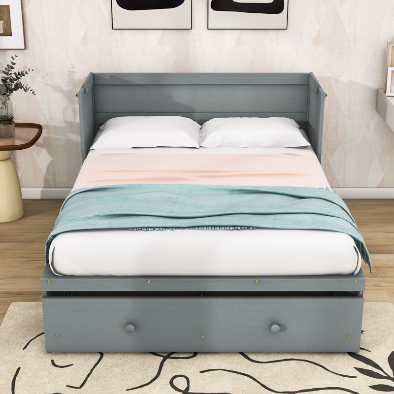 Lit escamotable double en bois avec conception peu encombrante, Gris, Double