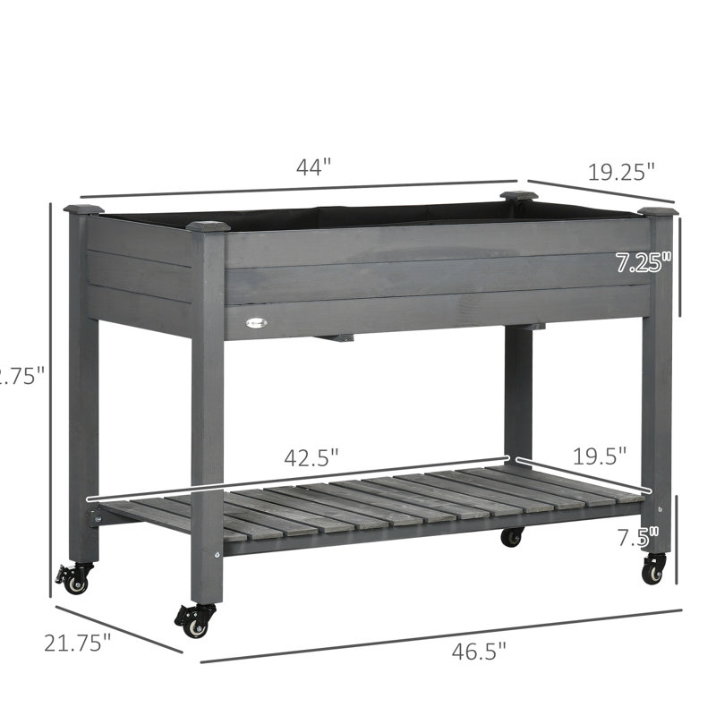 Lit de jardin gris foncé en bois surélevé de 47 po x 22 po x 33 po avec roulettes verrouillables, tablette de rangement et drainage pour la doublure de trous de jardin surélevés