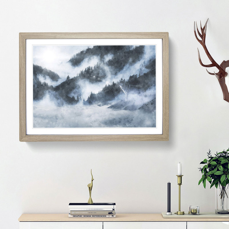 Grey Wolf in a Winter Forest - Picture Frame Graphic Art Print, Oak Framed, 62cm H x 87cm W x 2cm D