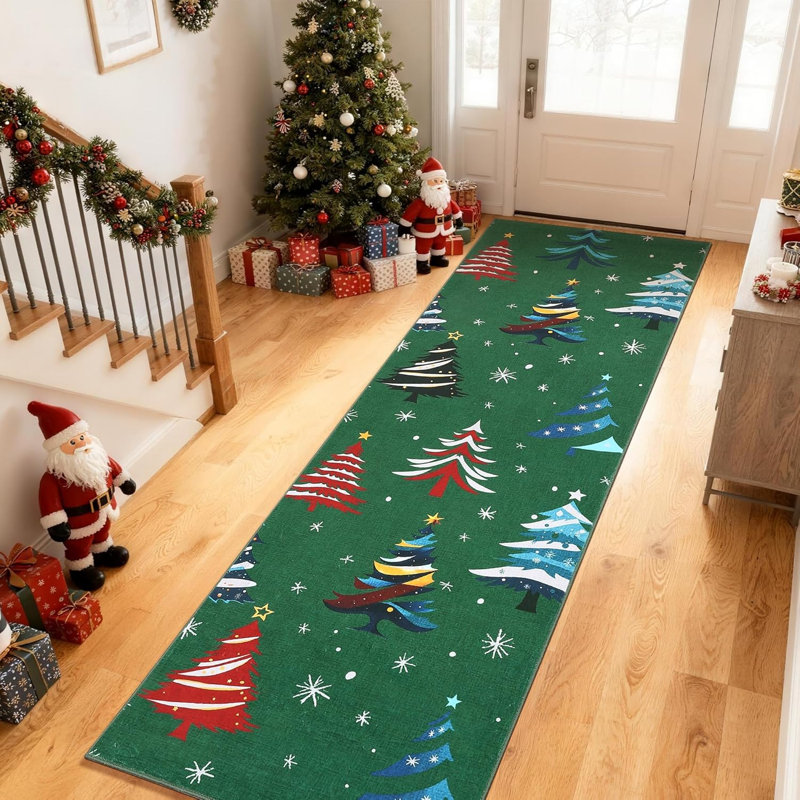 Christmas Tree Non-Slip Washable Low Pile Area Rug, Holiday Decor Living Room Rug, Runner 2' x 6'