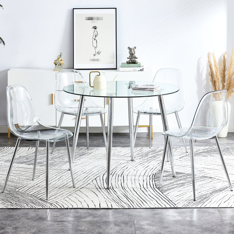 Table de salle à manger ronde en verre trempé transparent et 4 chaises en plastique, pieds de chaise cruciforme argentés, patins de pieds glissants, apparence épurée, intérieur