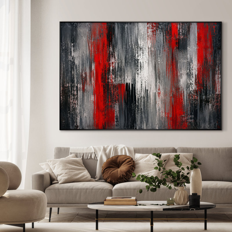 Très grand reproduction d'art sur tissu - Composition abstraite rouge pour salon contemporain - "Assemblage requis (cadre non fini)"