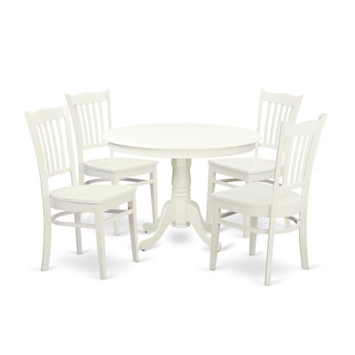 Ensemble de table de salle à manger 5 pièces pour 4 personnes comprenant une table de cuisine ronde avec piédestal et 4 chaises de salle à manger, lin blanc 