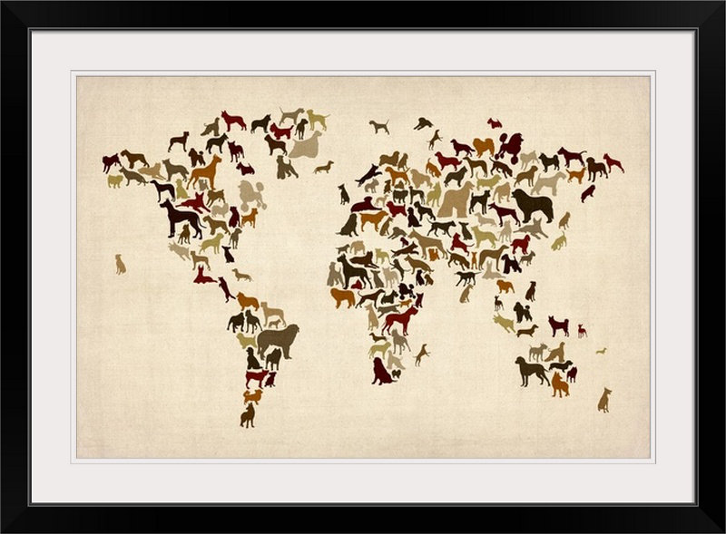 «Dogs Map of the World Map» par Aniesha, impression d'art graphique, Cadre noir, H 20 po x l 26 po x P 1 po