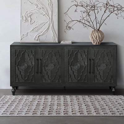 Carved Flower Door Large Storage Cabinet With Metal Handle, Entryway Cabinet
