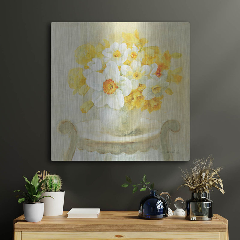 «Mixed Narcissus On White» par Danhui Nai, art mural en métal, H 24 po x l 24 po