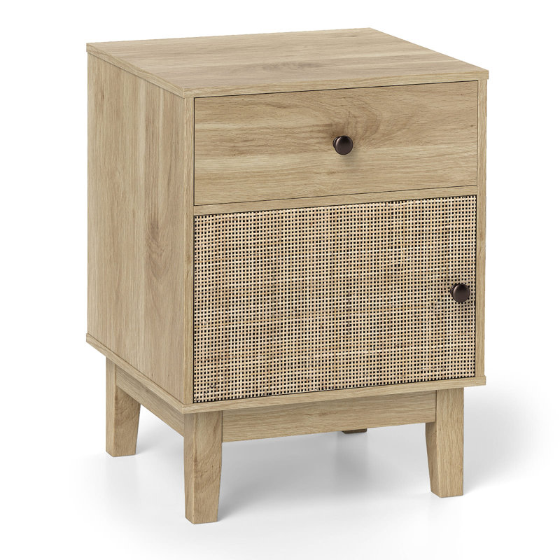 Rattan Nightstand Mid Century Modern Bedside Table W/Drawer, Brown