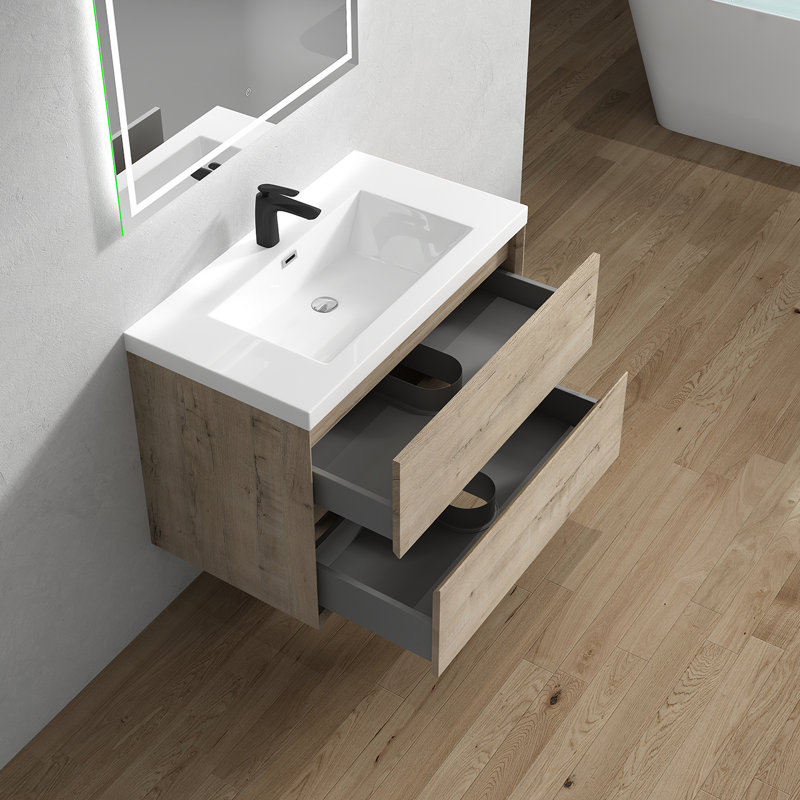 Seavy 35.2'' Single Bathroom Vanity with Acrylic Top, Light White Oak