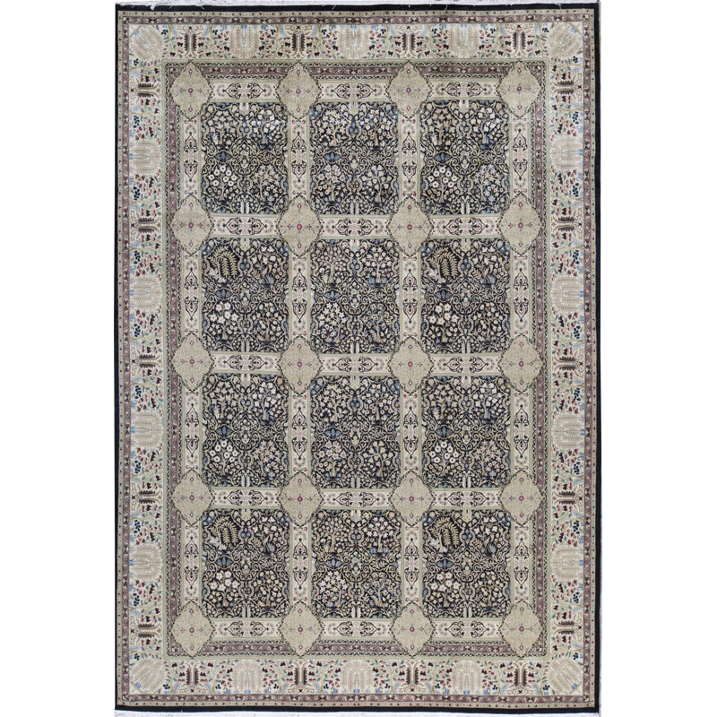 Tapis noir et vert de haute qualité noué à la main