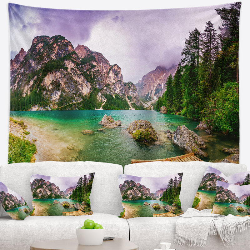 Paysage, montagne, lac, entre les montagnes, tapisserie, H 68 po x l 80 po