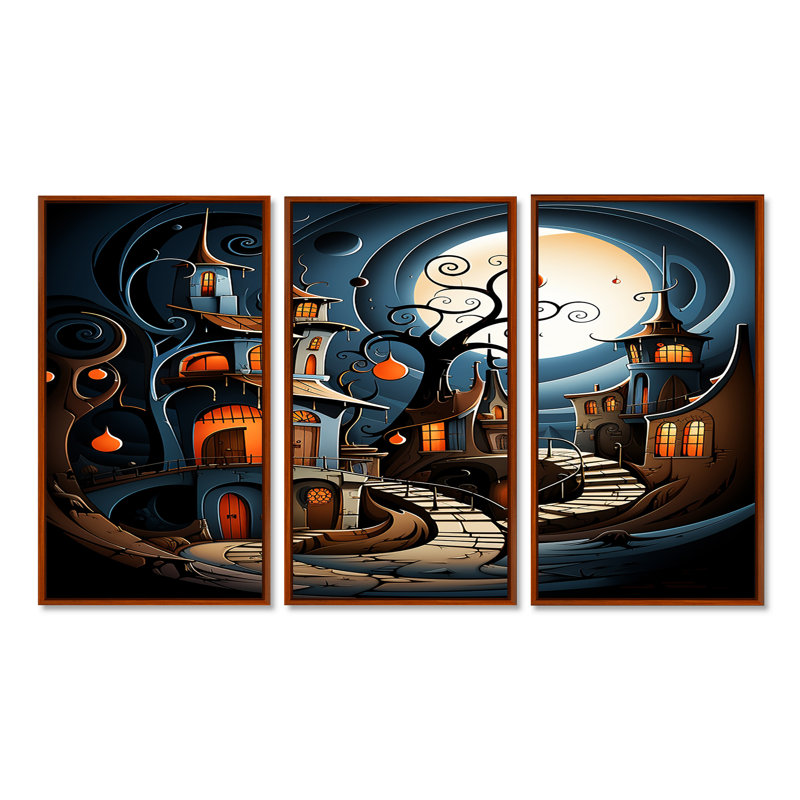 Ensemble de salon Playful Fantasy Town Magical Full Moon - Landscape Wall Art, Cadre flottant brun