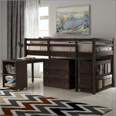 Low Study Loft Bed with Cabinet and Rolling Portable Desk