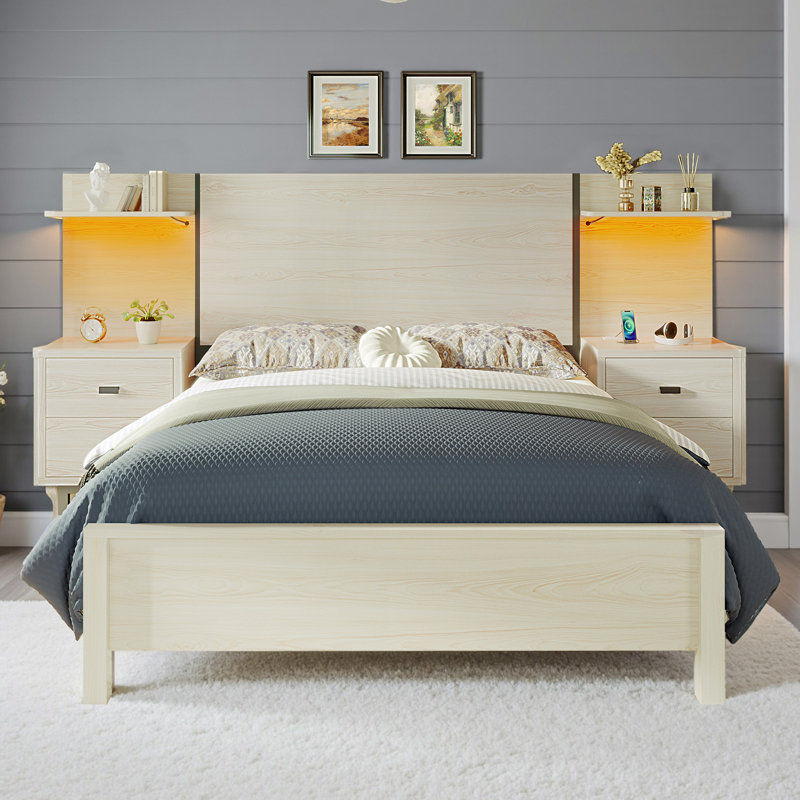 Queen Size Bed Frame with 104" Wide Headboard & Storage Ngihtstands & LED Light, Light Gray