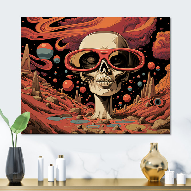 Illustration squelettique élégante du crâne à la mode II - art mural en métal mode crâne, H 24 po x l 32 po x P 1 po